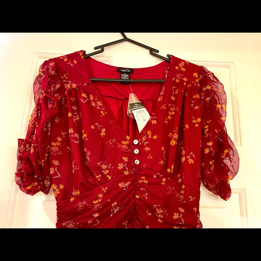 Rue 21 Red Floral Cinched Midi Dress